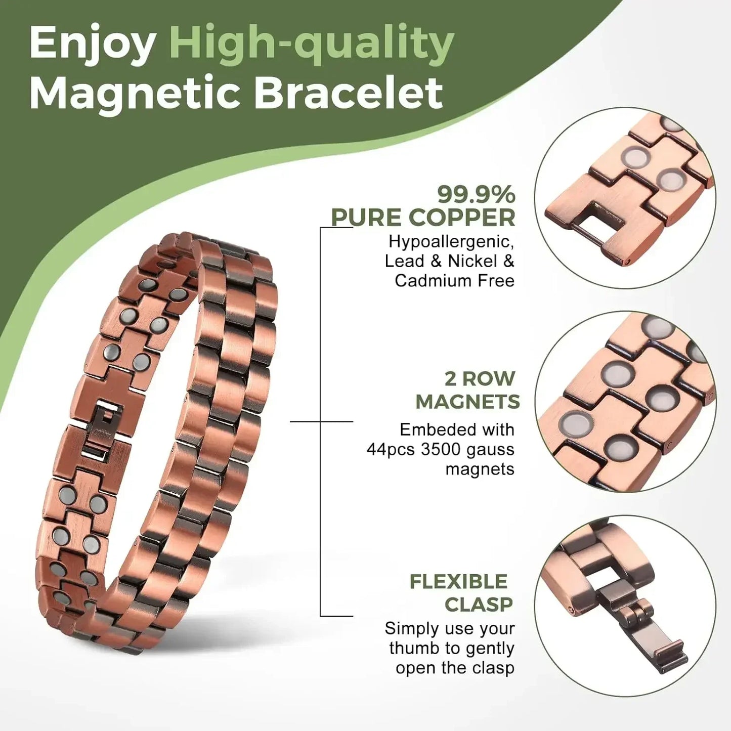 Pure Copper Bracelet Men‘s 3500 Gauss Strong Magnetic Therapy Link Bracelets Jewellery Gifts