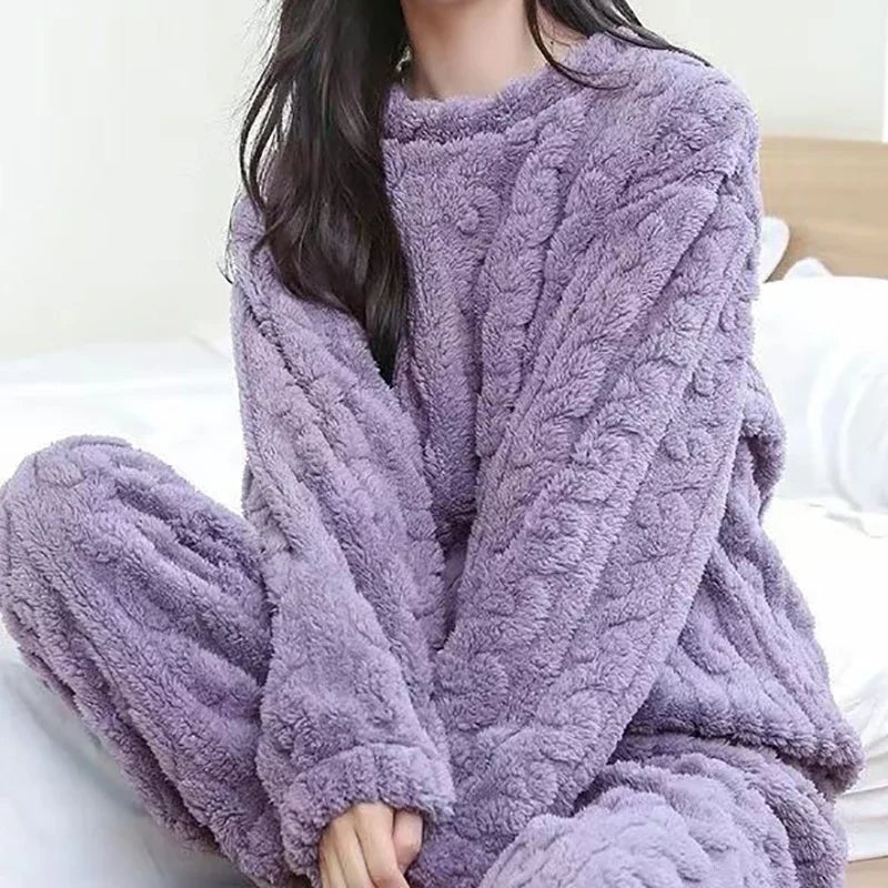 Women Warm 2 Piece Sets Thicken Velvet  Fleece Set Pullover And Pants Pajama Sets