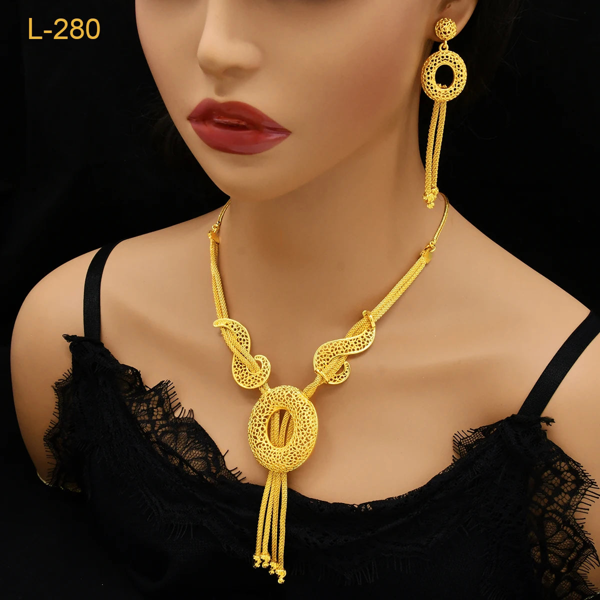 ANIID Luxury African Pendant Necklace Earrings Set With Tassel for Women Arabic Banquet 24K Gold Plated Jewelry Sets Party Gifts - Hiron Store