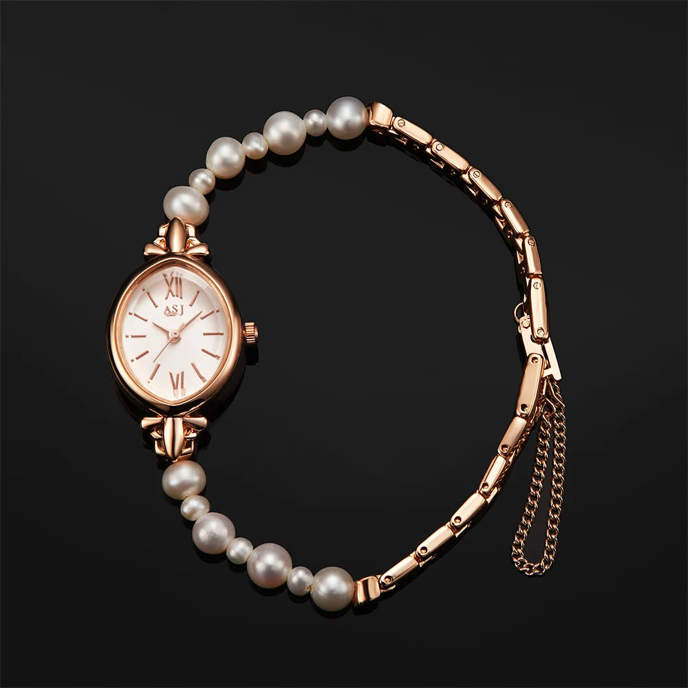 Casual Pointer Quartz Watch Elegant  Watch & 1pc Natural Freshwater Pearls Bracelet for Women Her