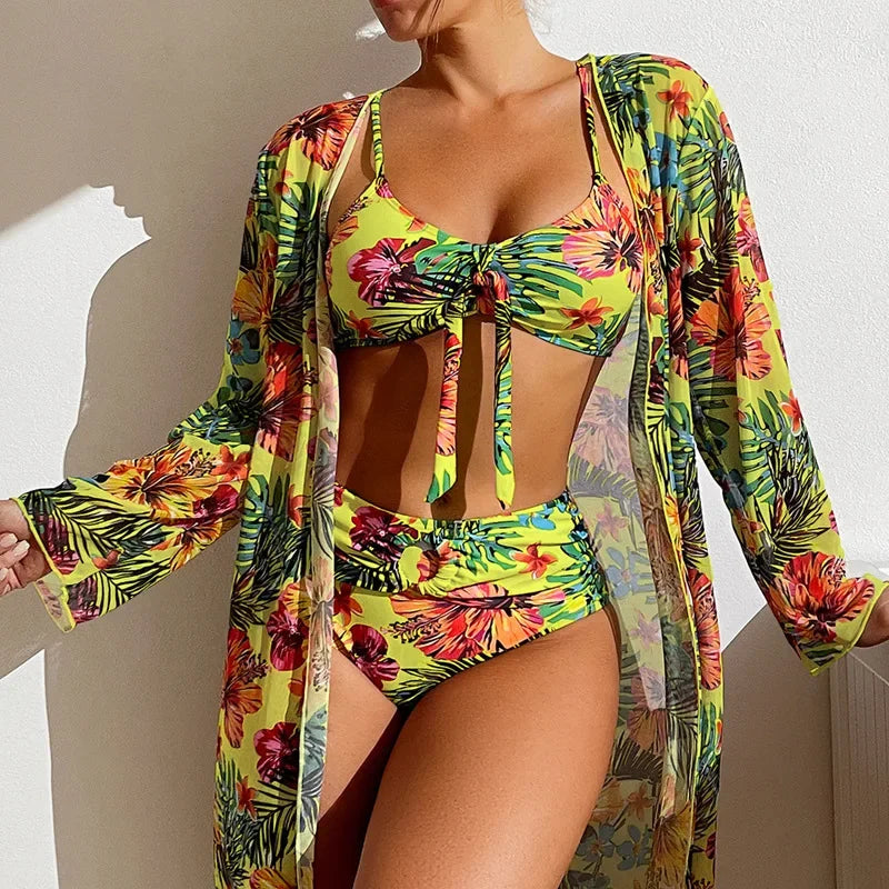 Women Sexy Beach Bikinis Three Pieces Bikini Set Cover Up Swimwear High Waisted Bikini Set Women Swimwear Print - Hiron Store