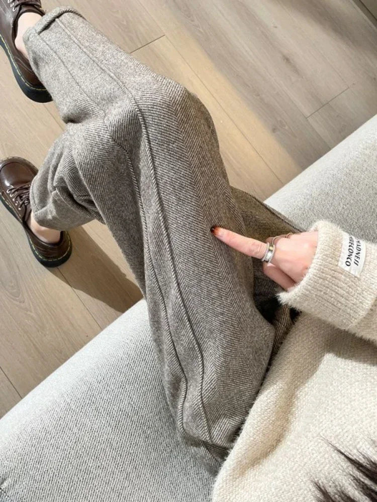 Warm Thickened Cropped Pants 2024 Winter Women' S Pants Loose Casual Herringbone High-waisted Tweed Straight Pants