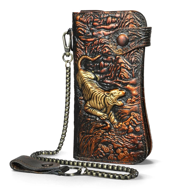 Luxury Male Cattle Real Leather Design Dragon Emboss Check book Iron Chain Organizer Wallet Purse