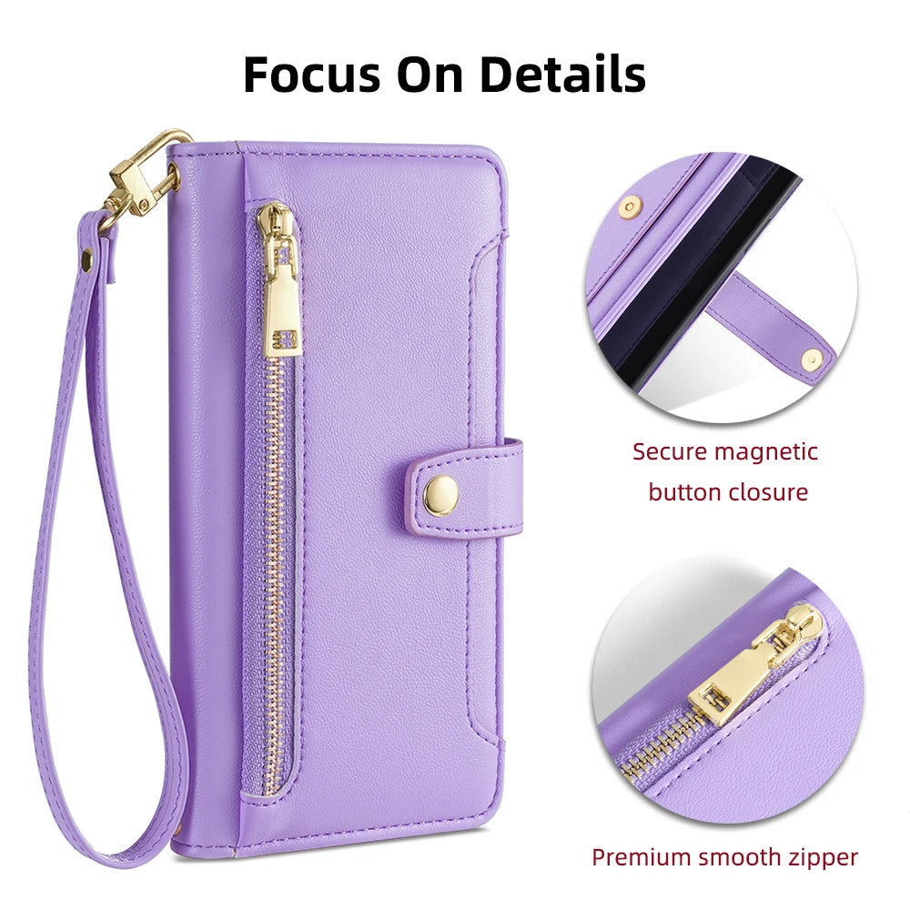 Ladies Card Slots Wallet Crossbody Phone Case for iPhone 15 14 13 12 11 Pro Max Cover with strap