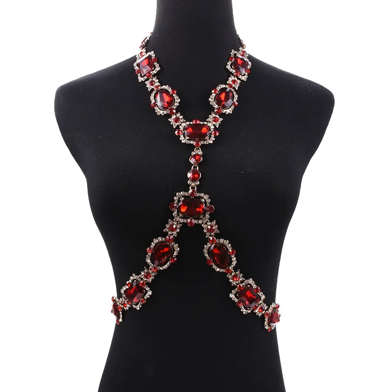 Luxury Sexy Bodychain Jewelry Accessory Ruby Red Crystal Rhinestone Bra Harness Corset Necklace Waist Body Chain for Women Men - Hiron Store