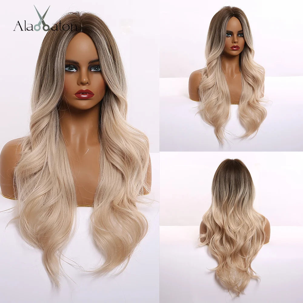 Black Long Body Wavy Synthetic Wigs for Women Afro Natural Black Hair Wigs Middle Part Heat Resistant Fiber Daily