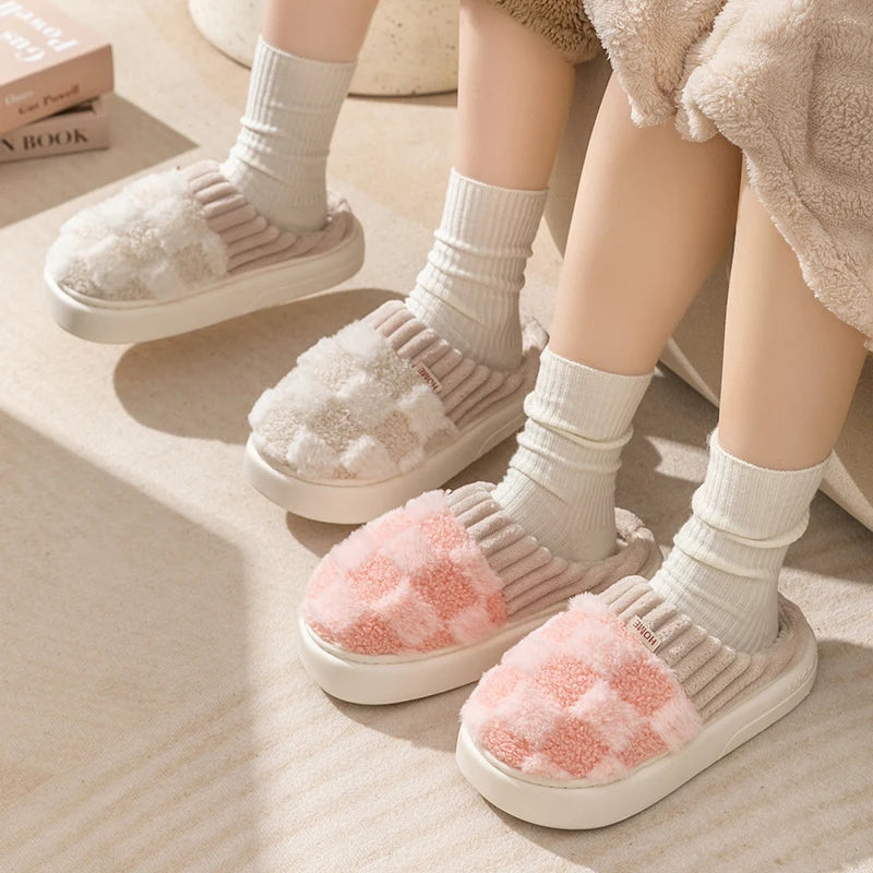 Fashion Couple Winter Toe Wrap Warm Plaid Cotton Slippers Thick Soft Sole Slides Men Women Indoor Floor Flat Home Non-slip Shoes - Hiron Store