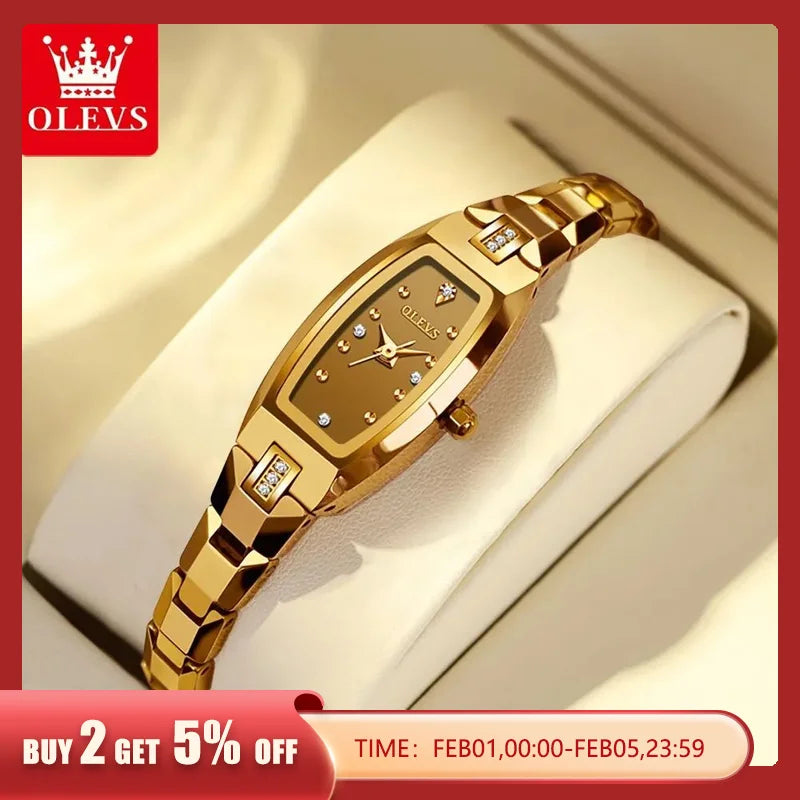 OLEVS Slim Thin Watch for Women Luxury Tungsten Steel Band Tonneau Design Square Shape Elegant Diamond Quartz Ladies Watch - Hiron Store