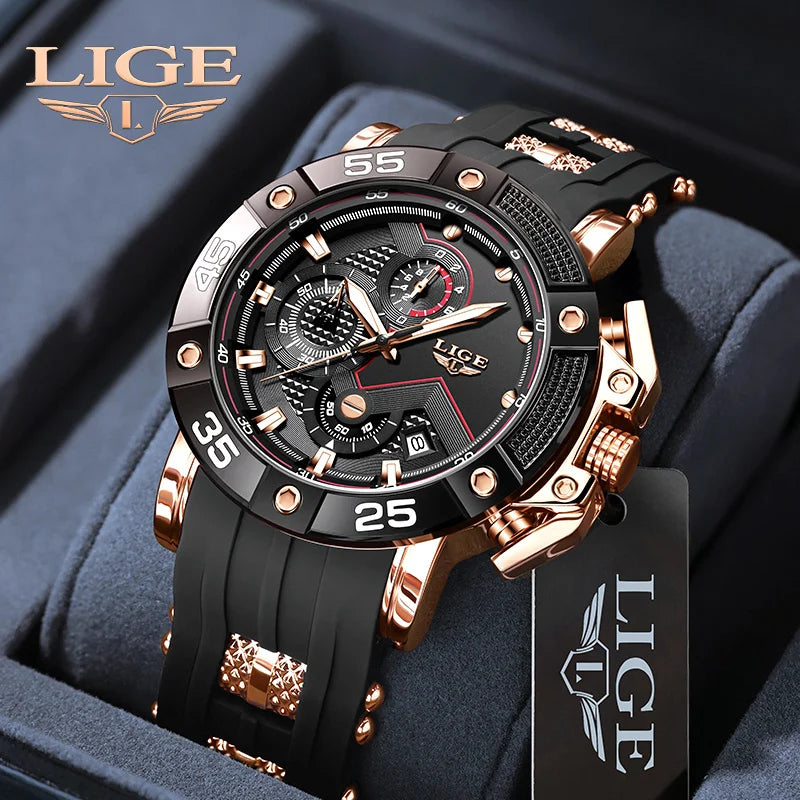 LIGE Man Watch Fashion Military Sport Date Quartz Watches Luxury Silicone Strap Waterproof Chronograph Watches For Men