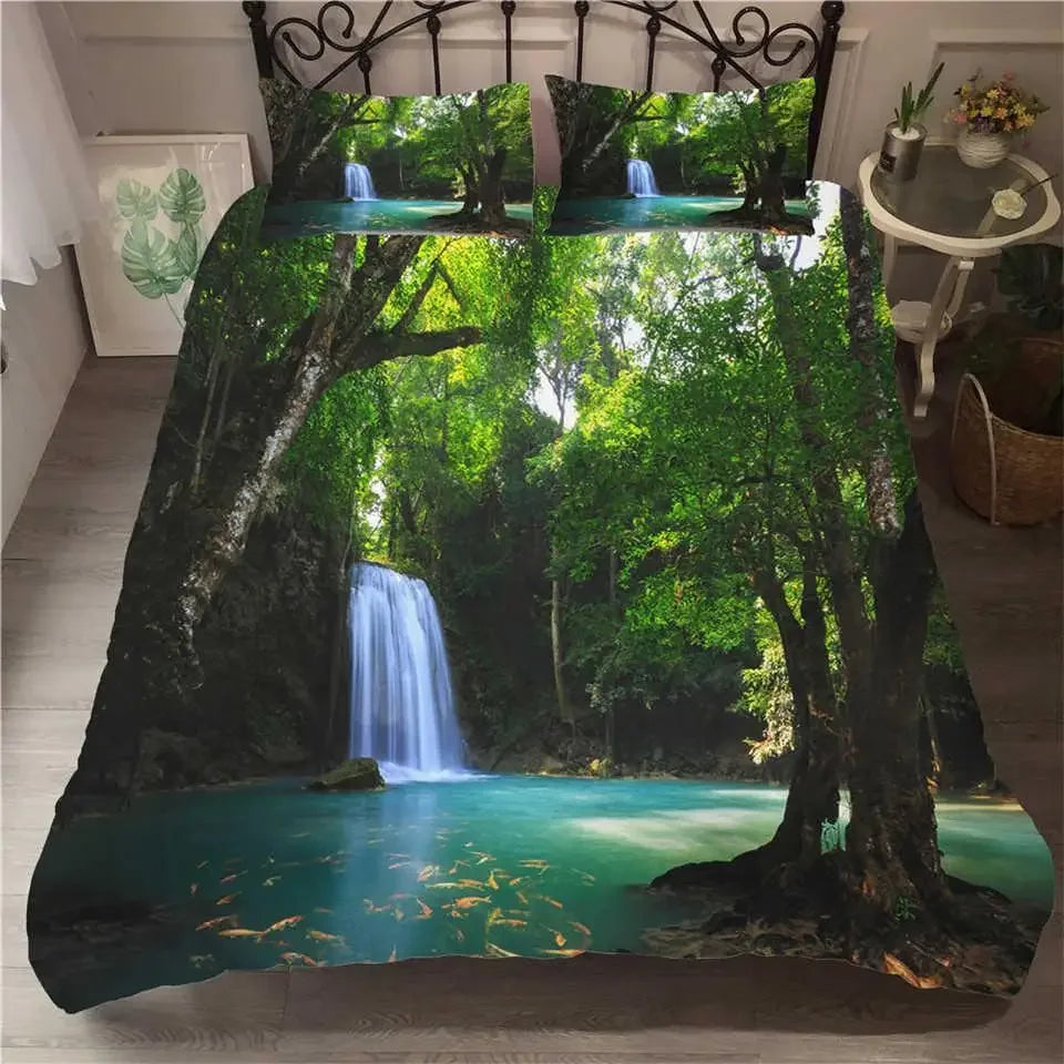 Waterfall Duvet Cover Set Natural Scenery Quilt Cover Pillowcase Landscape Forest Queen Size Polyester Bedding Set