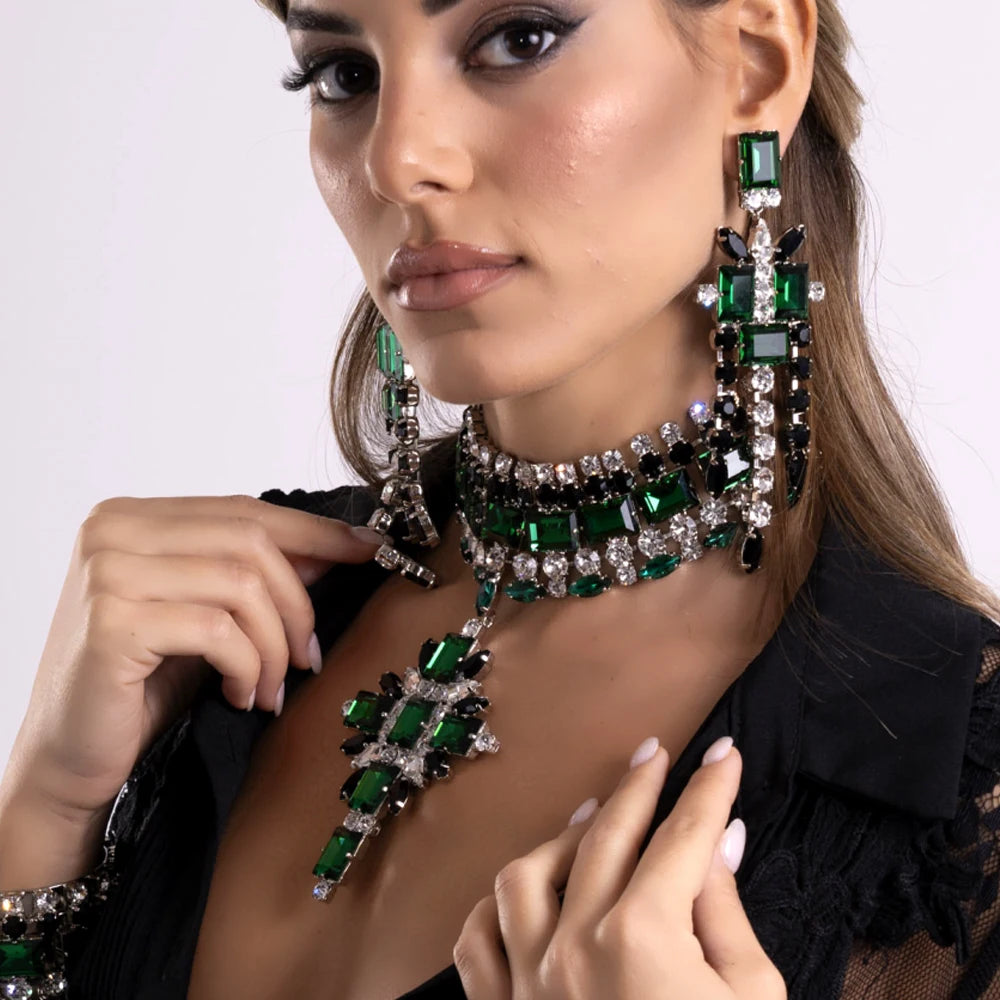 Necklace Set Pendant Bridal Accessories Luxury Design Green Rhinestone Jewellery Sets