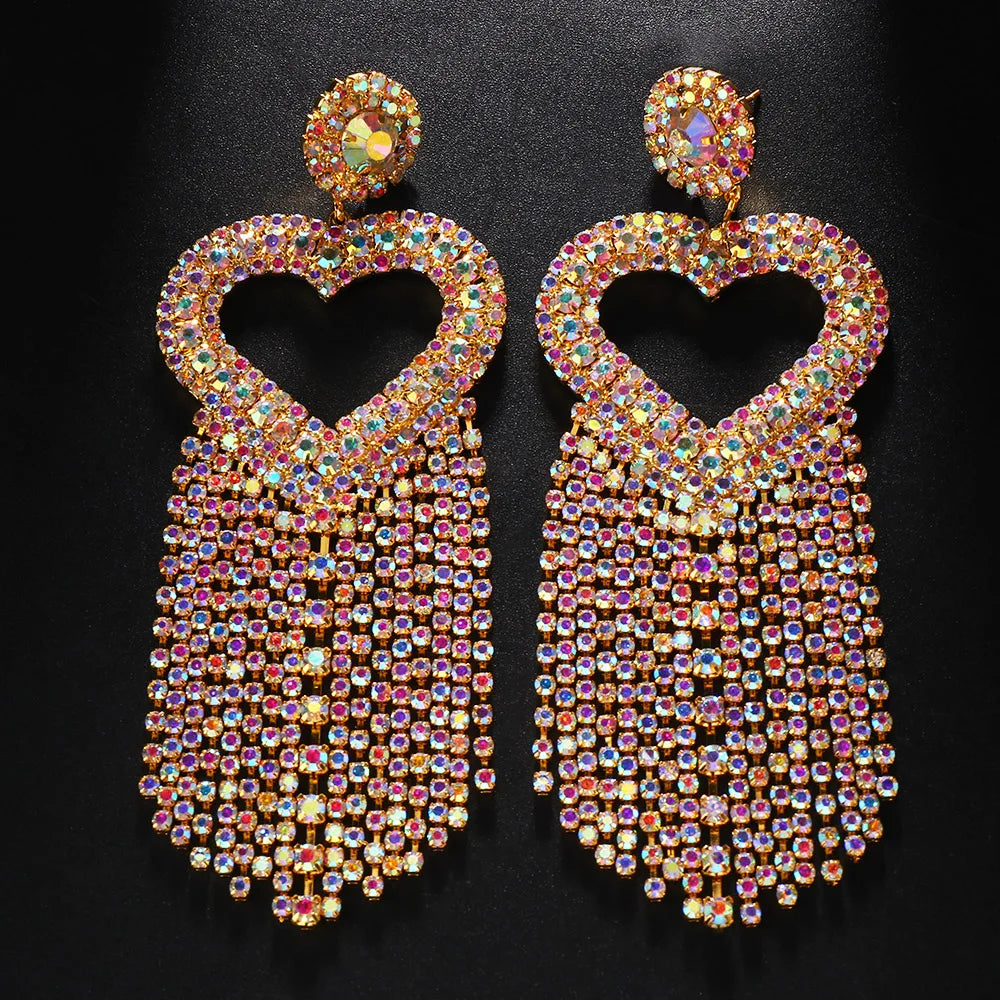 Rhinestones Heart Hollow Tassel Dangle Earrings for Women Crystal Show Long