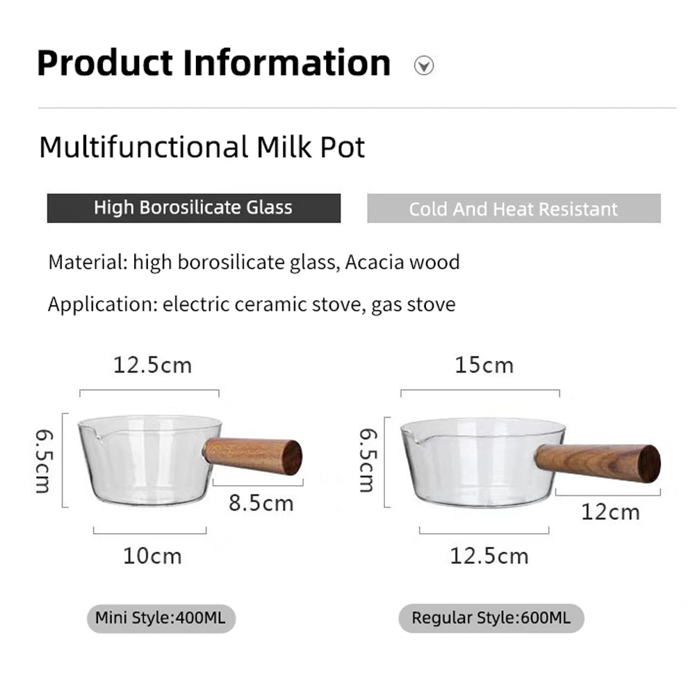 400ml/600ml Glass Milk Pot With Wooden Handle Transparent Cooking Heating Milk Soup Noodle Household Kitchen Cookware Clay Stock