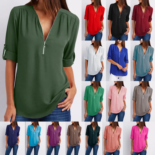 Summer Women V Neck Chiffon Blouse Casual Ladies Tops Long Sleeve Fashion