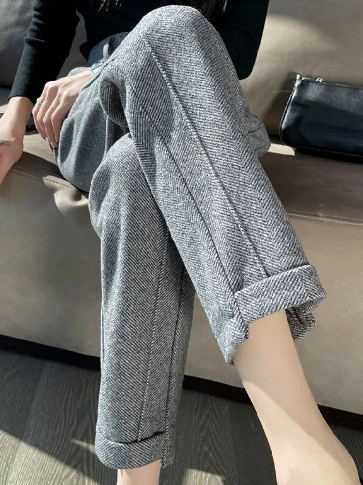 Warm Thickened Cropped Pants 2024 Winter Women' S Pants Loose Casual Herringbone High-waisted Tweed Straight Pants