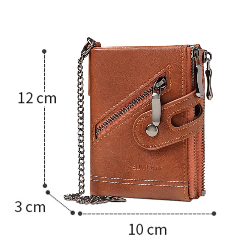 Wallet Men Metal Chain Anti Theft PU Leather Bifold Zipper Wallet Credit Card Storage Bag