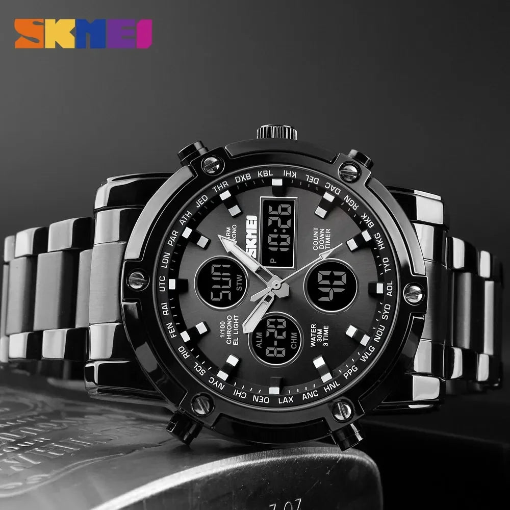 SKMEI 1389 Steel Strap Wristwatch Clock Relogio Masculino Digital Quartz Watches