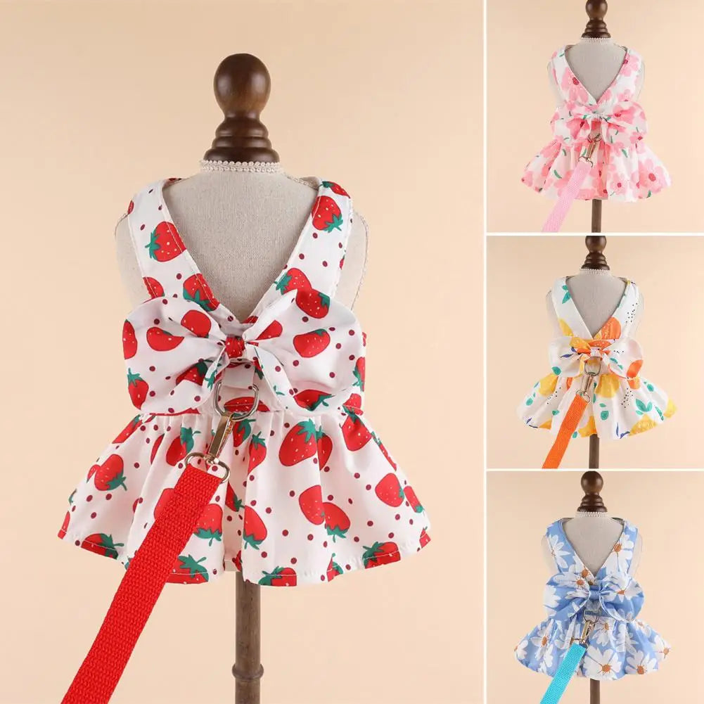 Cute Dog Dress Summer Outdoor Activities And Leash Set with Bowknot Decoration Pet Cat Princess Dress for Spring - Hiron Store