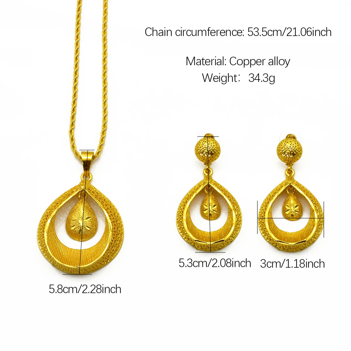 Dubai 24K Gold Plated Necklace Earrings Jewelry Set