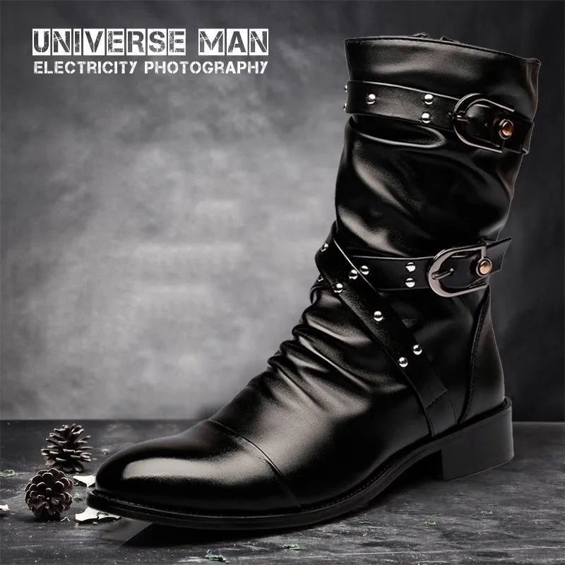Men's Mid-calf Boots Buckle Strap Chelsea Boot for Men Leather  Boot  Mens Motorcycle Boots High Top Man Winter Shoe
