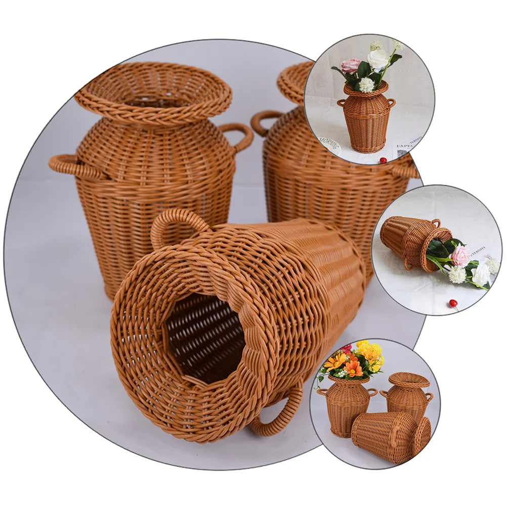 Imitation Rattan Vase Flower Arrangement Basket Home Decor Woven Hamper Storage Terrarium Creative Pot Decorate - Hiron Store