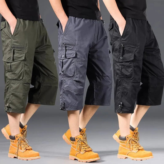 Summer Men's Cargo Shorts Loose Casual Below Knee Pants Elastic Waist Plus Size Outdoor Jogging Tactical Capri Pants - Hiron Store