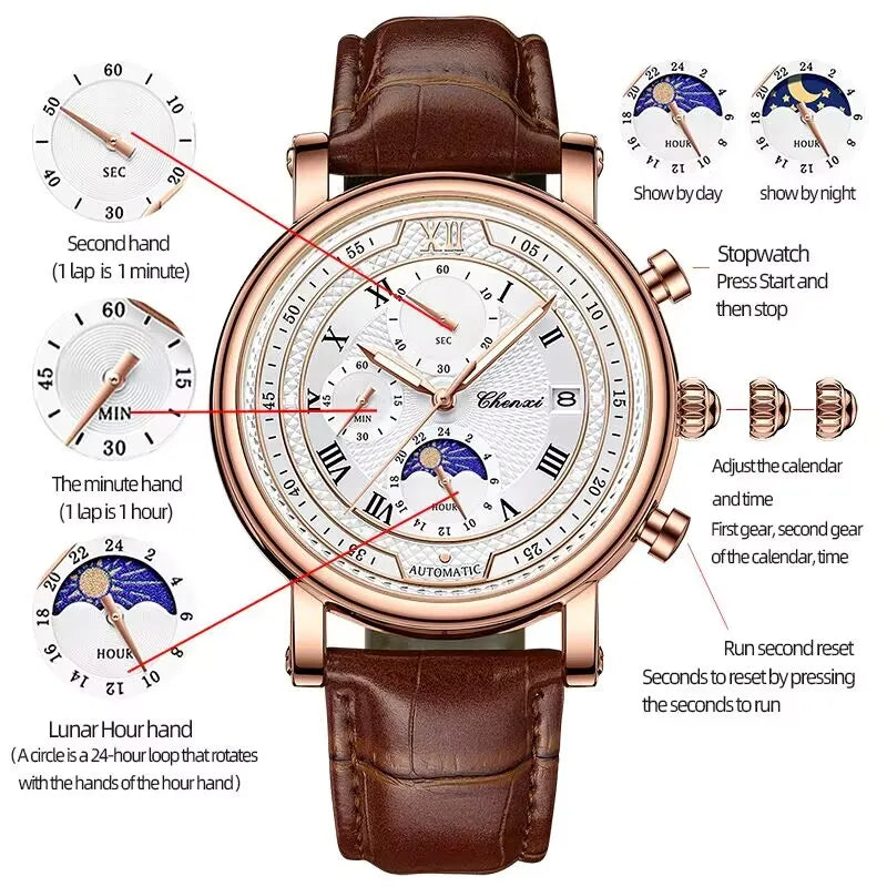 Men's Watch Leather Chronograph Date Quartz Watches Phase Moon Luminous Wrist Watch