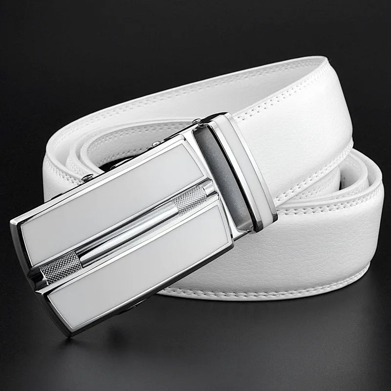 White Colour Men Women Unisex Genuine Leather Belt Automatic Buckle Waist Straps