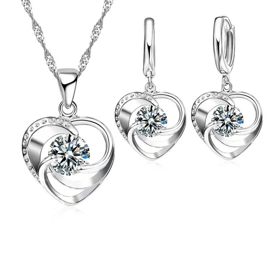 925 Sterling Silver Stamped Necklace Earrings Set Long Chain Sweet Romantic Style Love Heart Shape For Women Lady Wife - Hiron Store