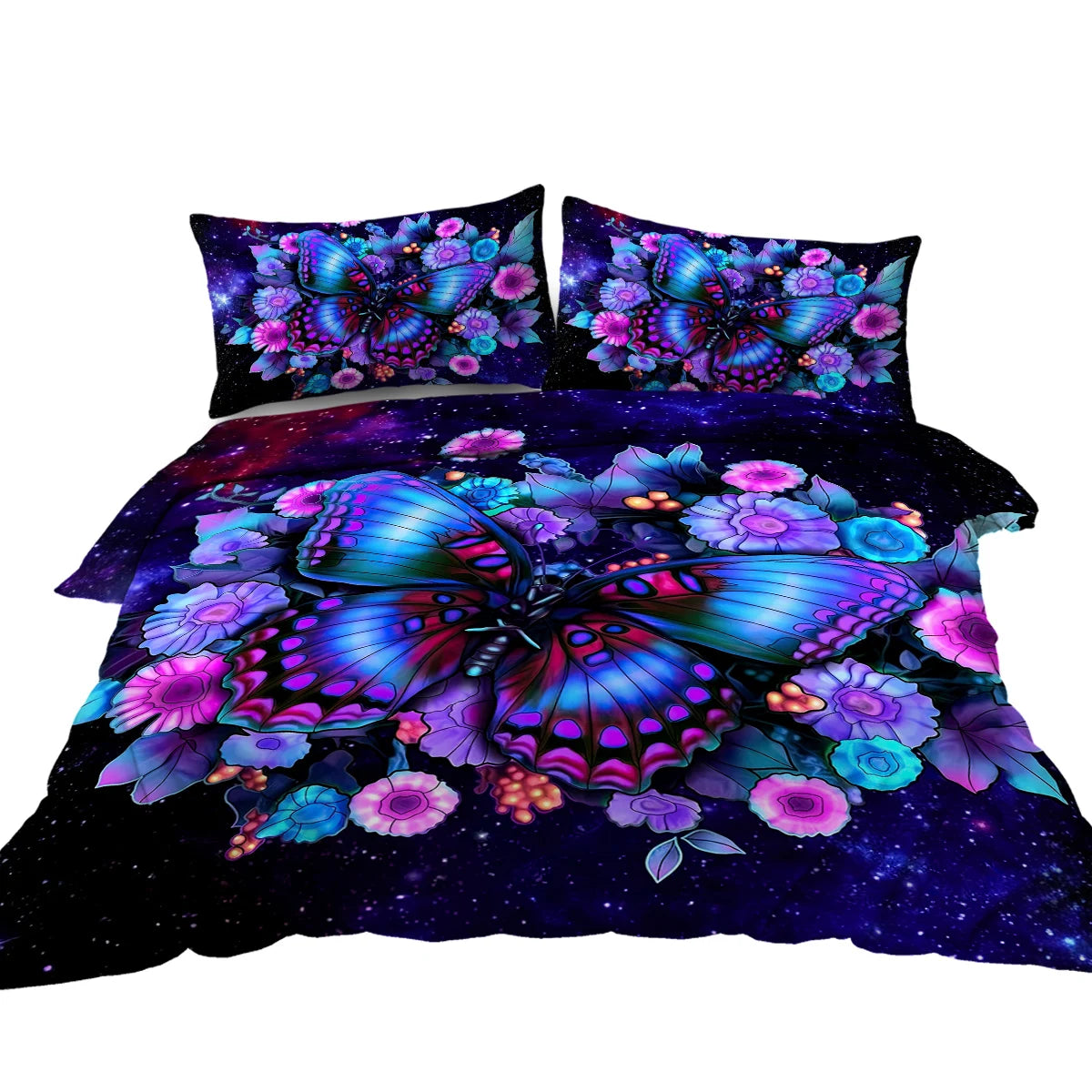 3pc Butterflies on Flowers Against Starry Background Duvet Cover Modern Bedding Set with Zipper Closure Ultra Soft Durable