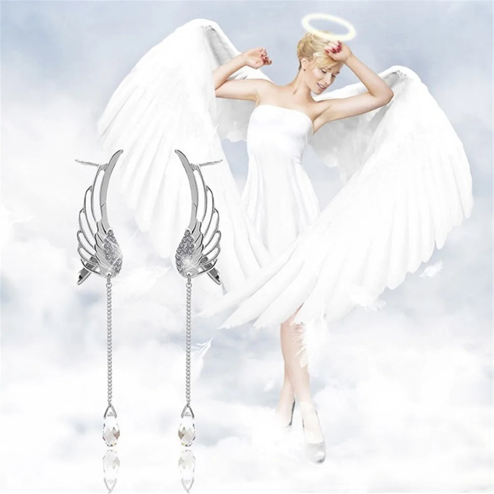 European and American Fashion Angel Wings Crystal Earrings for Women Drop Dangle Ear Stud Long Cuff Clip Tassel Ear Jewelry Gift - Hiron Store