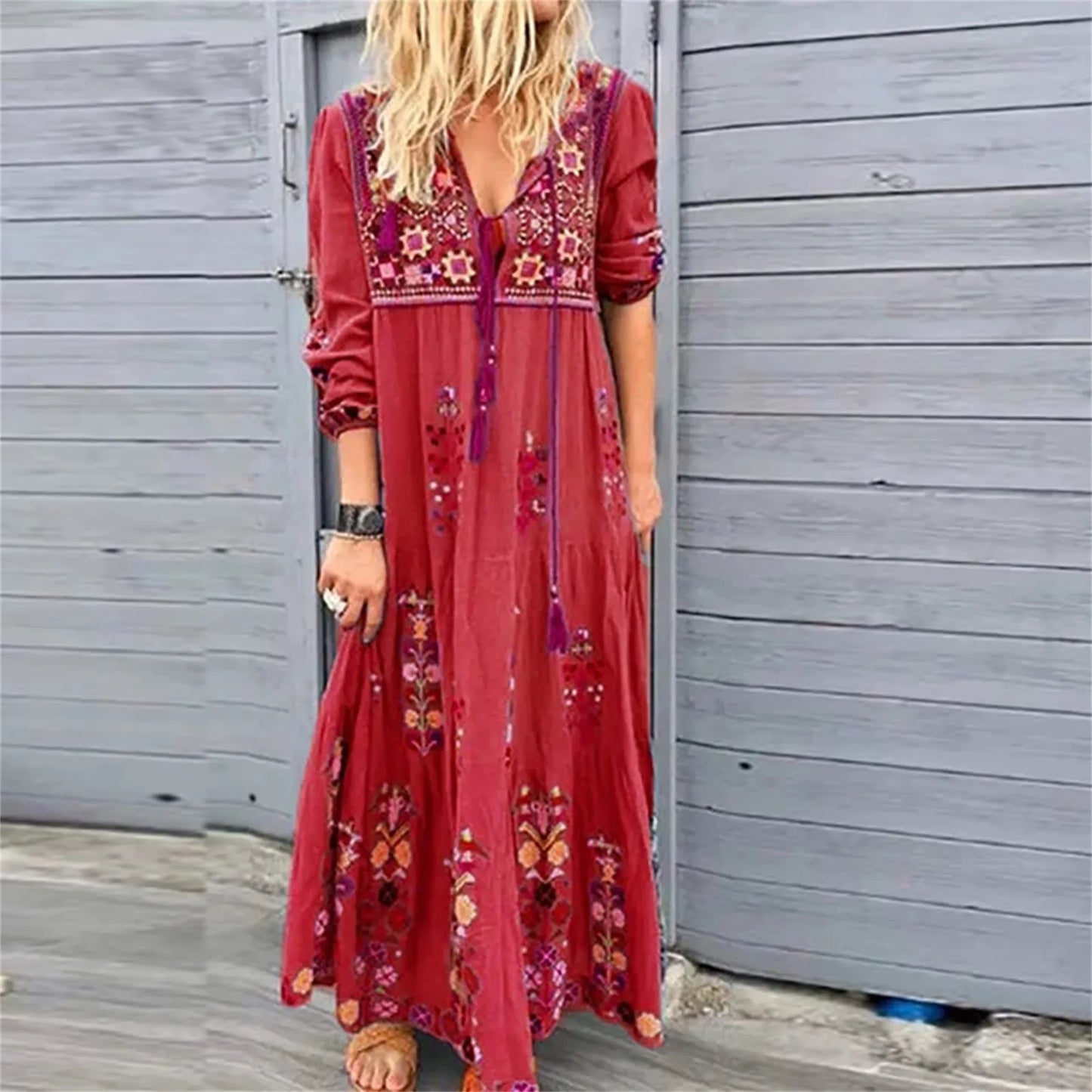 Bohemian Flower Dress For Women Elegant Long Floral Party Dresses Female V Neck Short Sleeve Summer Boho Maxi Dress 2024 - Hiron Store