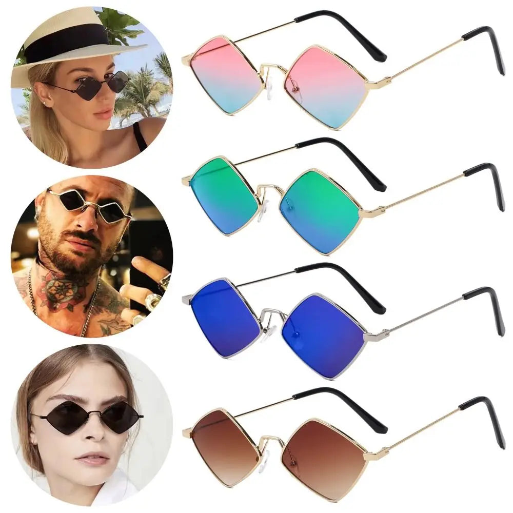 Retro Diamond Shape Sunglasses for Men & Women, Trendy Metal Quadrilateral Frame Shades UV Protection Film Sun Glasses