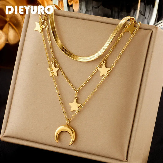 DIEYURO 316L Stainless Steel Moon Stars Pendant Necklace For Women New Gold Color 3in1 Neck Chains Vintage Jewelry Birthday Gift - Hiron Store