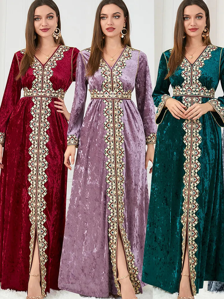 Winter Velvet Muslim Dress Women Abaya Embroidery Morocco Party Dress Thicken Split Abayas Kaftan Islam Turkey Arabic Long Robe - Hiron Store