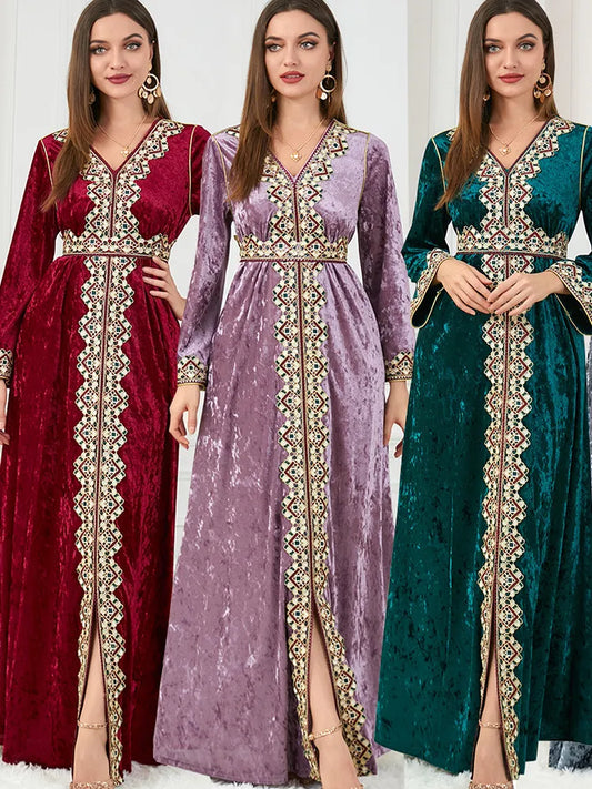 Winter Velvet Muslim Dress Women Abaya Embroidery Morocco Party Dress Thicken Split Abayas Kaftan Islam Turkey Arabic Long Robe - Hiron Store