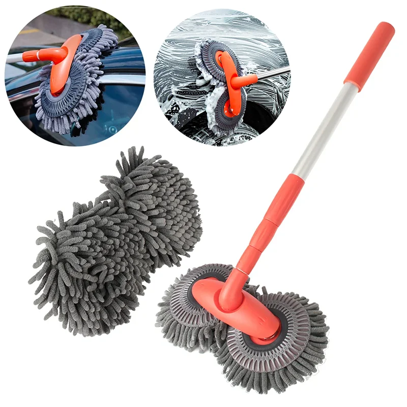 Car Washer Mop Foam Wash Double Brush Head Roof Window Cleaning Maintenance Telescopic Mop