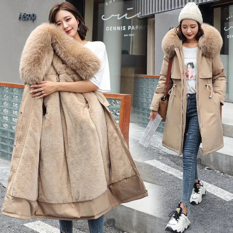 Winter Women Jacket Long Parka  Fur Collar Loose Long Coat Wool Liner Hooded Jacket