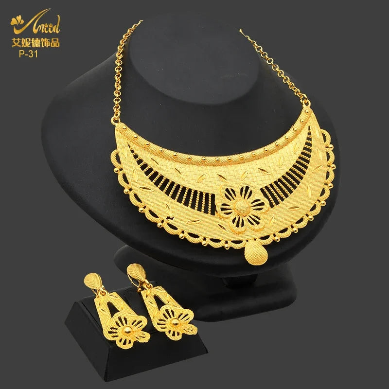 Dubai Indian African Tassel Necklace Earrings Jewelry Set 24K Gold Plated Bridal Jewellery