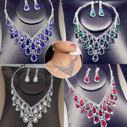 Crystal Blue Red Bridal Jewelry Sets Teardrop Shape Wedding Necklace Earrings Fashion Party Jewelry Sets Women Accessories