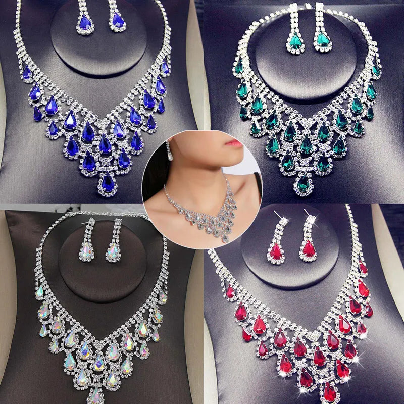 Crystal Blue Red Bridal Jewelry Sets Teardrop Shape Wedding Necklace Earrings Fashion Party Jewelry Sets Women Accessories - Hiron Store