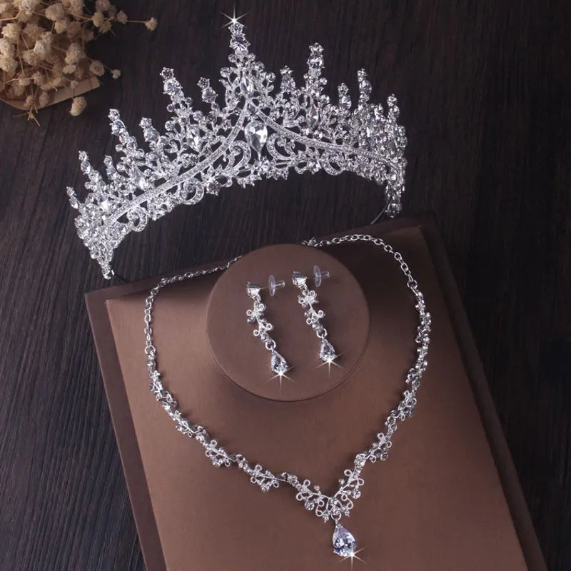 Luxury Silver Colour Crystal Water Drop Bridal Jewelry Sets Rhinestone Tiaras Crown Necklace Earrings Jewellery Set