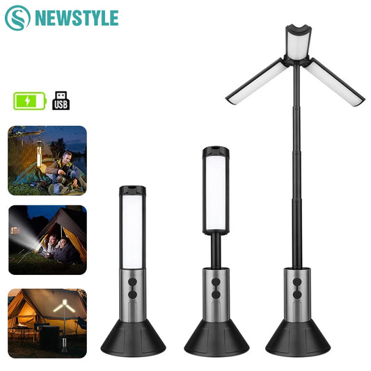 2 in 1 LED Camping Light Stand Base Flashlight USB Rechargeable Zoom with Hook Camping Lamp
