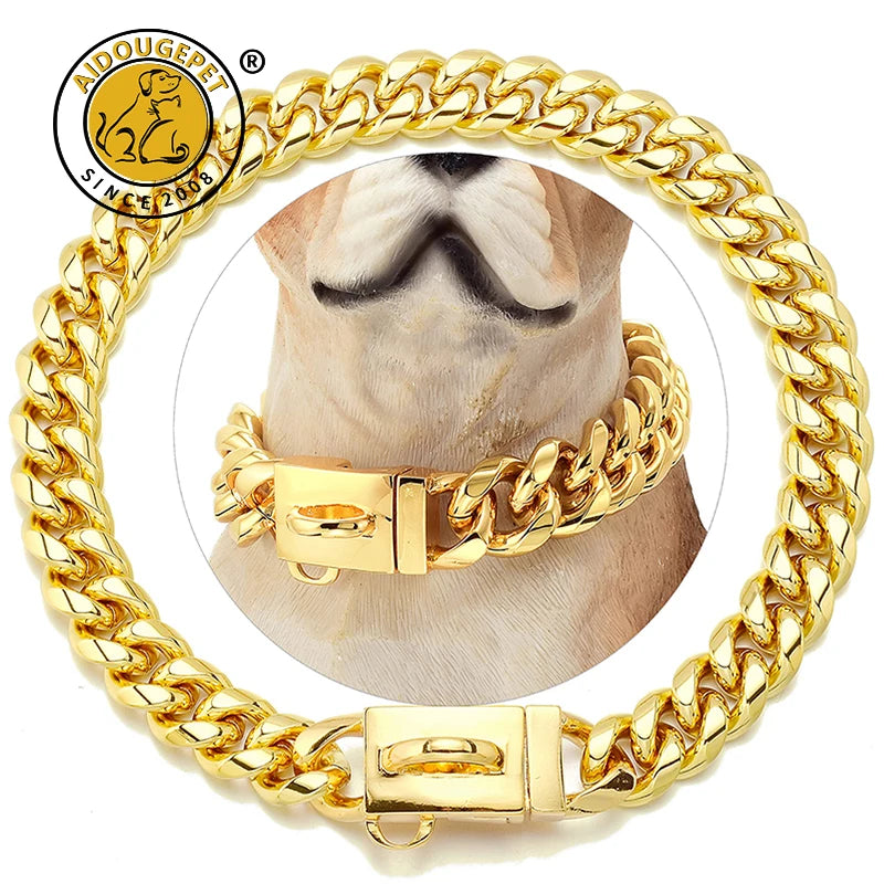 18K Gold Dog Collar Stainless Steel Cuban Link Chain 14mm Wide Metal Pet Necklace for Small Medium Large Dog