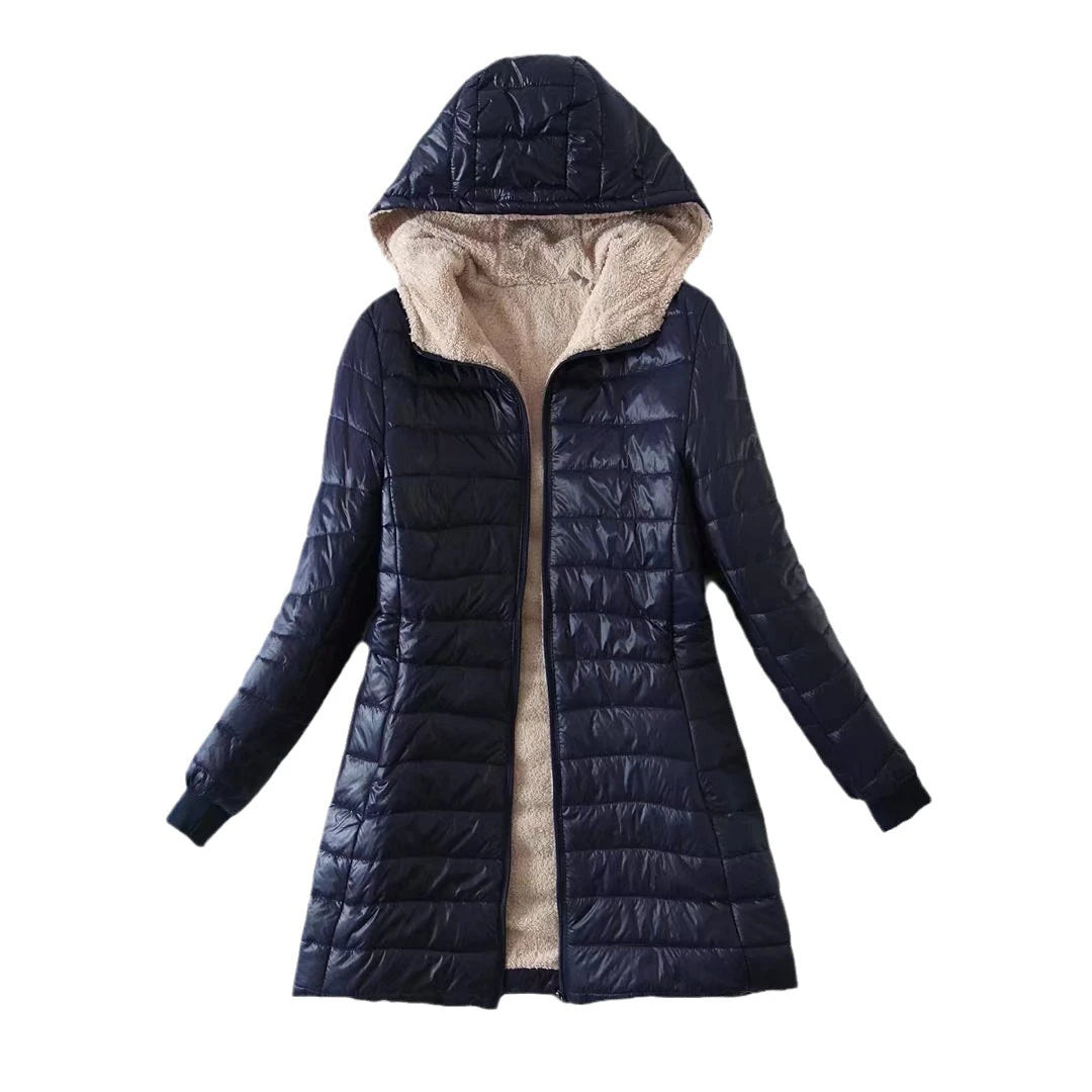 Winter Korean Style Mid-length Hooded Cotton Coat for Women Lambs wool Warm Cotton Jacket