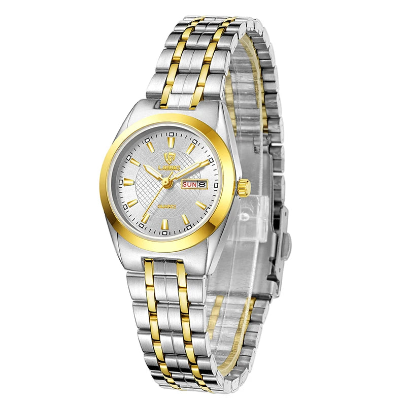 Men's and women Wristwatch Quartz Movement Stainless Steel Strap Time Date Casual Gold Watch