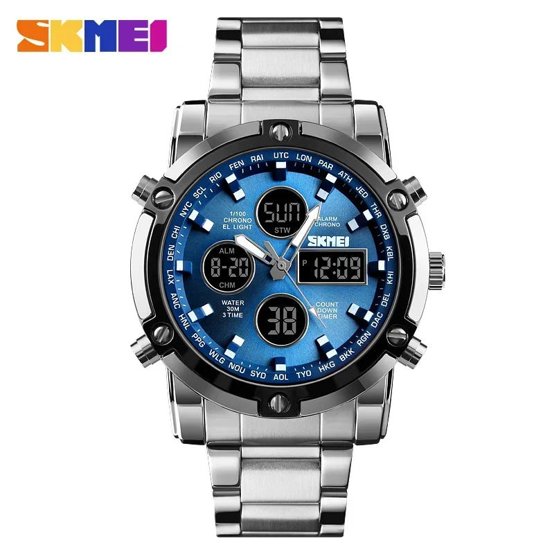 SKMEI 1389 Steel Strap Wristwatch Clock Relogio Masculino Digital Quartz Watches