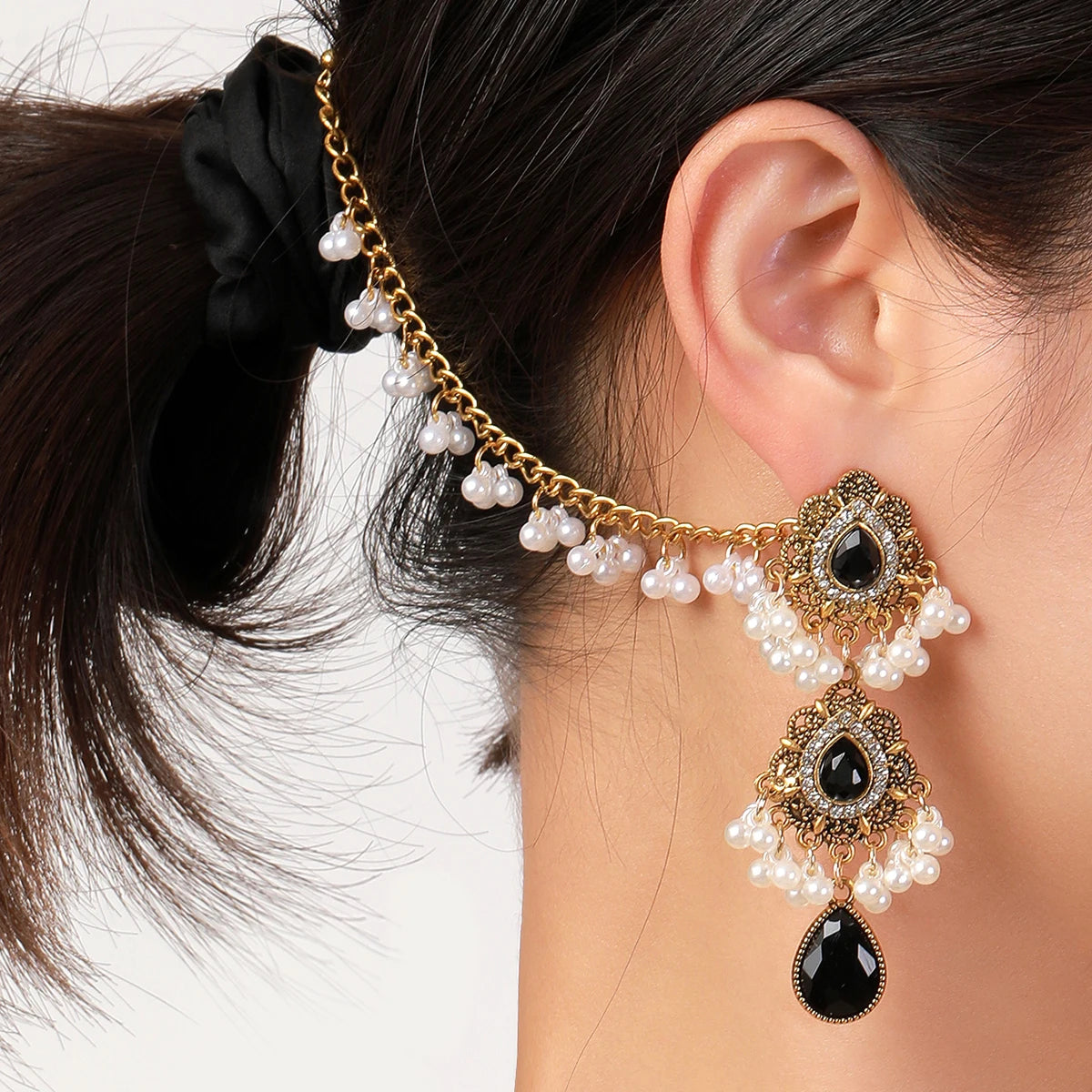 Boho Water Drop Long Earrings Headdress for Women Luxury Crystal Pearl Tassel Wedding Jewellery