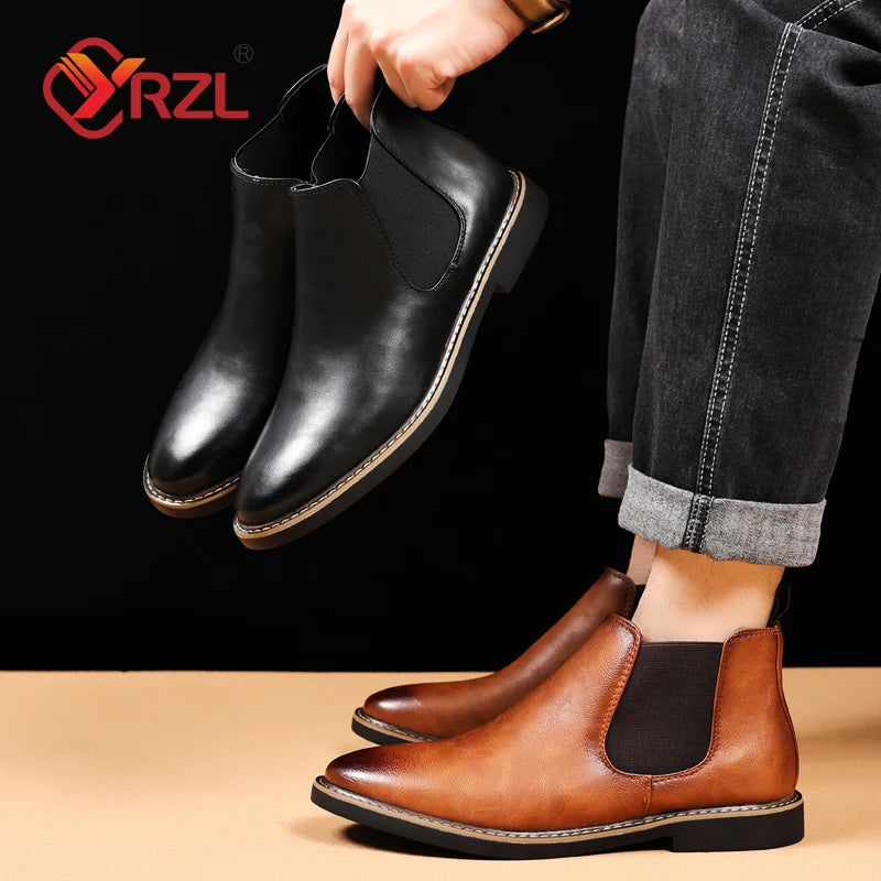 YRZL 39~47 Men Chelsea Boots Brand Retro Comfortable PU Leather Ankle Men's Boots