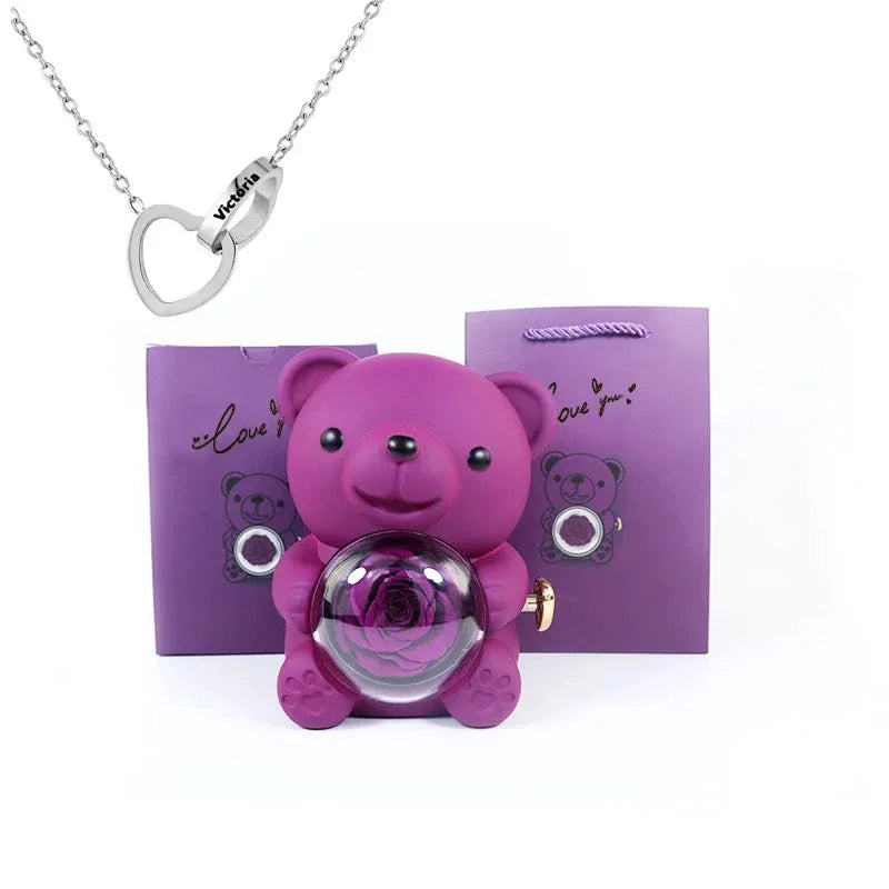 Eternal Rose Teddy Bear Gifts Box with Necklace Rotate Rose Jewelry Box